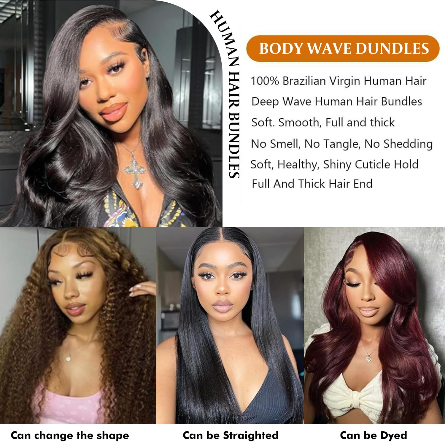 Human Hair Bundles Brazilian Remy Virgin Human Hair 100% Unprocessed Body Wave Soft Thick Weft Dyeable Hair Extensions Natural Black Color (12 14 16 inch 300g)