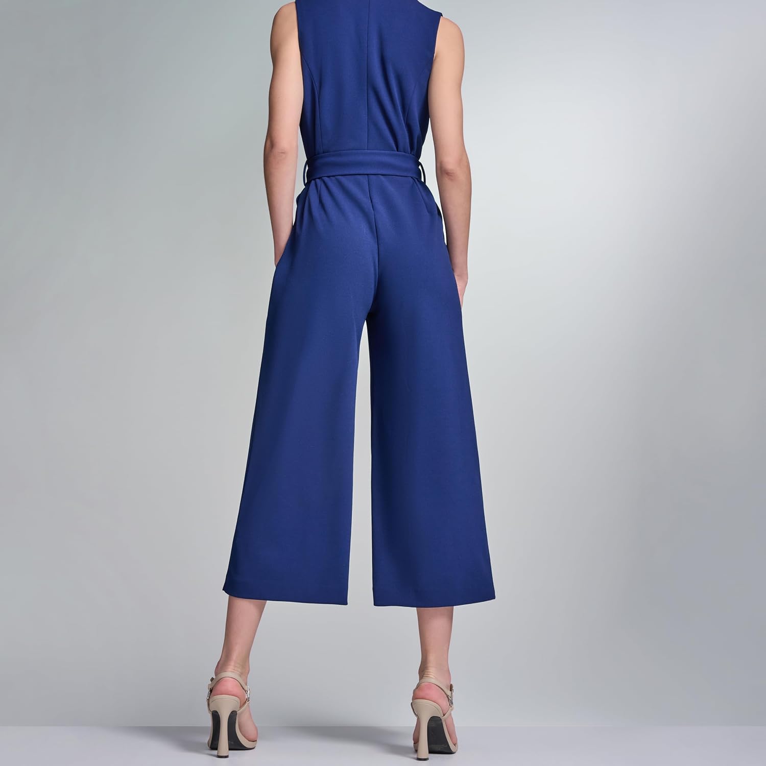 KARL LAGERFELD Women's Sleeveless Knotched Collar Scuba Crepe Belted Jumpsuit
