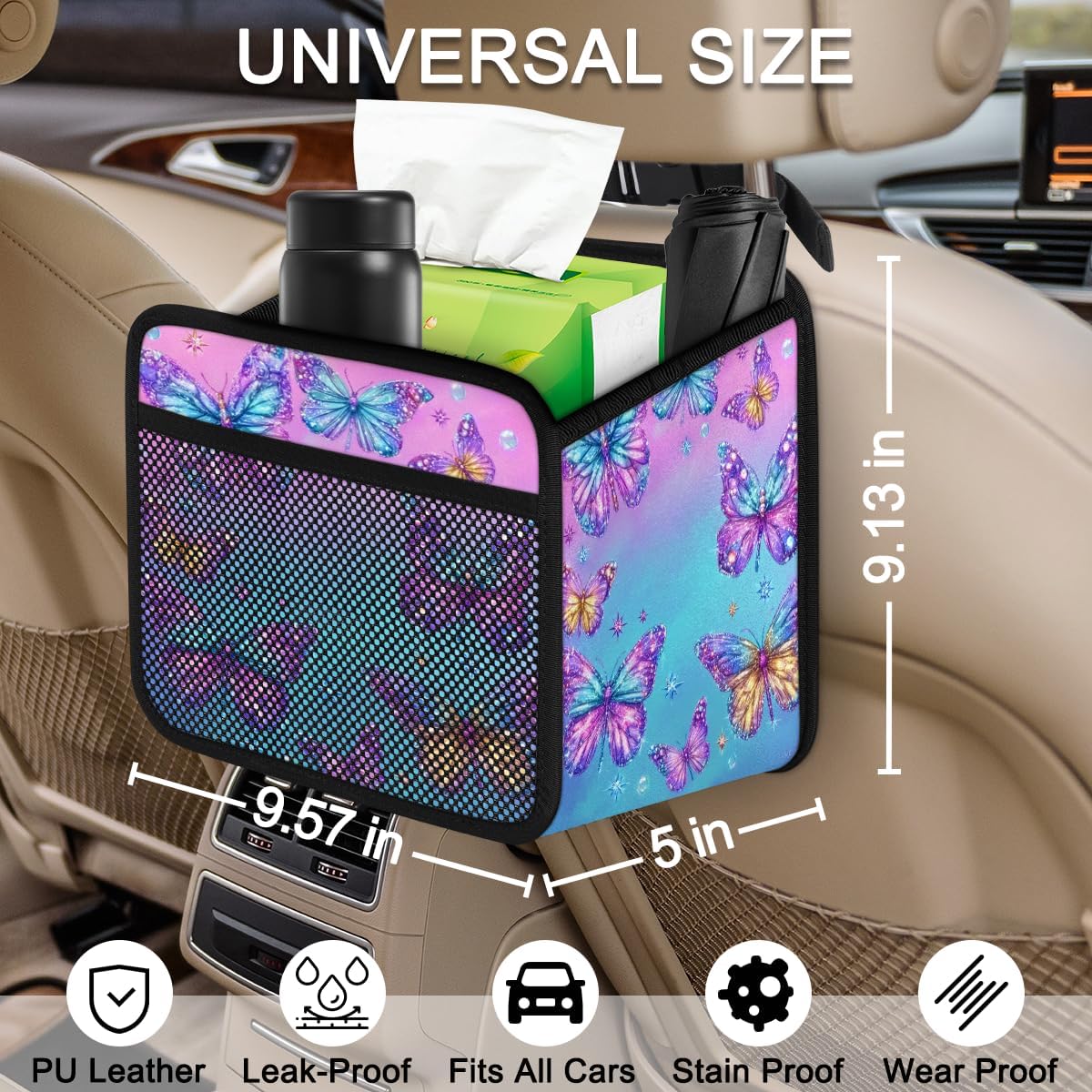 Bright Rainbow Glow Butterflies Car Backseat Organizer PU Leather Truck Back Seat Trash Bag Foldable Universal Hanging Storage Box Travel Accessories