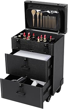 Professional Makeup Trolley Case, Rolling Makeup Nail Case Makeup Train Case with 4 Wheels Jewelry Travel Cosmetic Organizer Makeups Train Suitcase for Outdoor, Travel (Black)