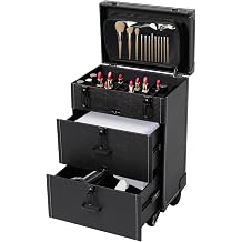 Professional Makeup Trolley Case, Rolling Makeup Nail Case Makeup Train Case with 4 Wheels Jewelry Travel Cosmetic Organizer Makeups Train Suitcase for Outdoor, Travel Black