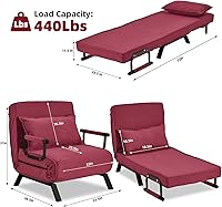 Vista 65 de Sillón convertible para cama, sillón tapizado de tres pliegues con almohada, sofá plegable de ocio con respaldo ajustable de 6 ángulos, cama