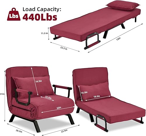 Miniatura 3 de Hupmad Silla Cama Convertible Reclinable, Sillón Reclinable Tapizado Tri-plegable con Almohada, Sofá Chaise Lounge Plegable de Ocio, Respaldo