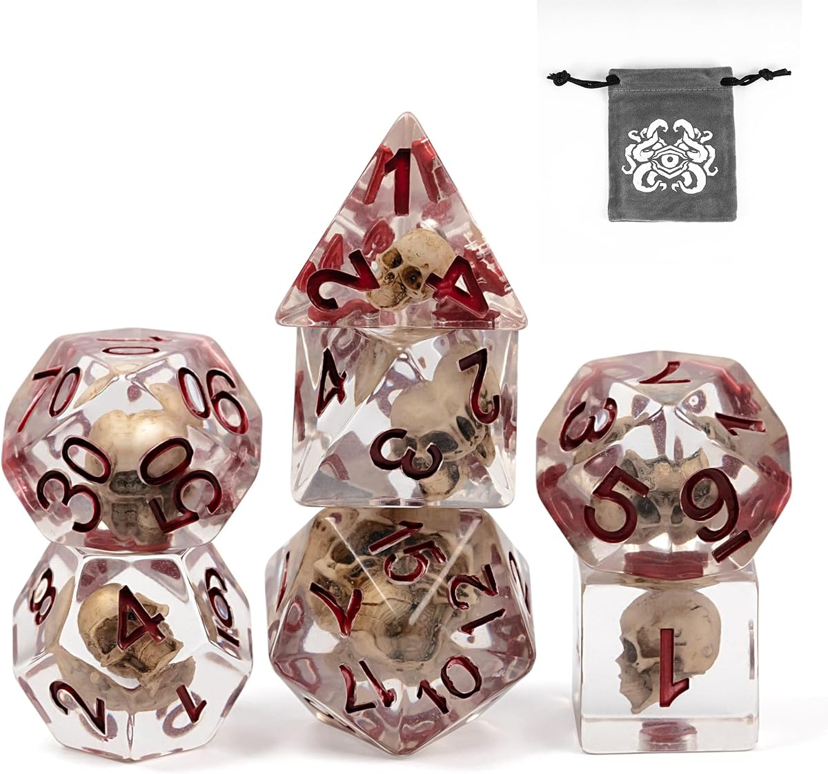 Juego de dados DND de calavera, juego de dados D y D de resina para juegos de mesa D&D RPG | Bolsa de almacenamiento de terciopelo, regalo DM, para juegos de mesa de juegos de rol de dragones y mazmorras