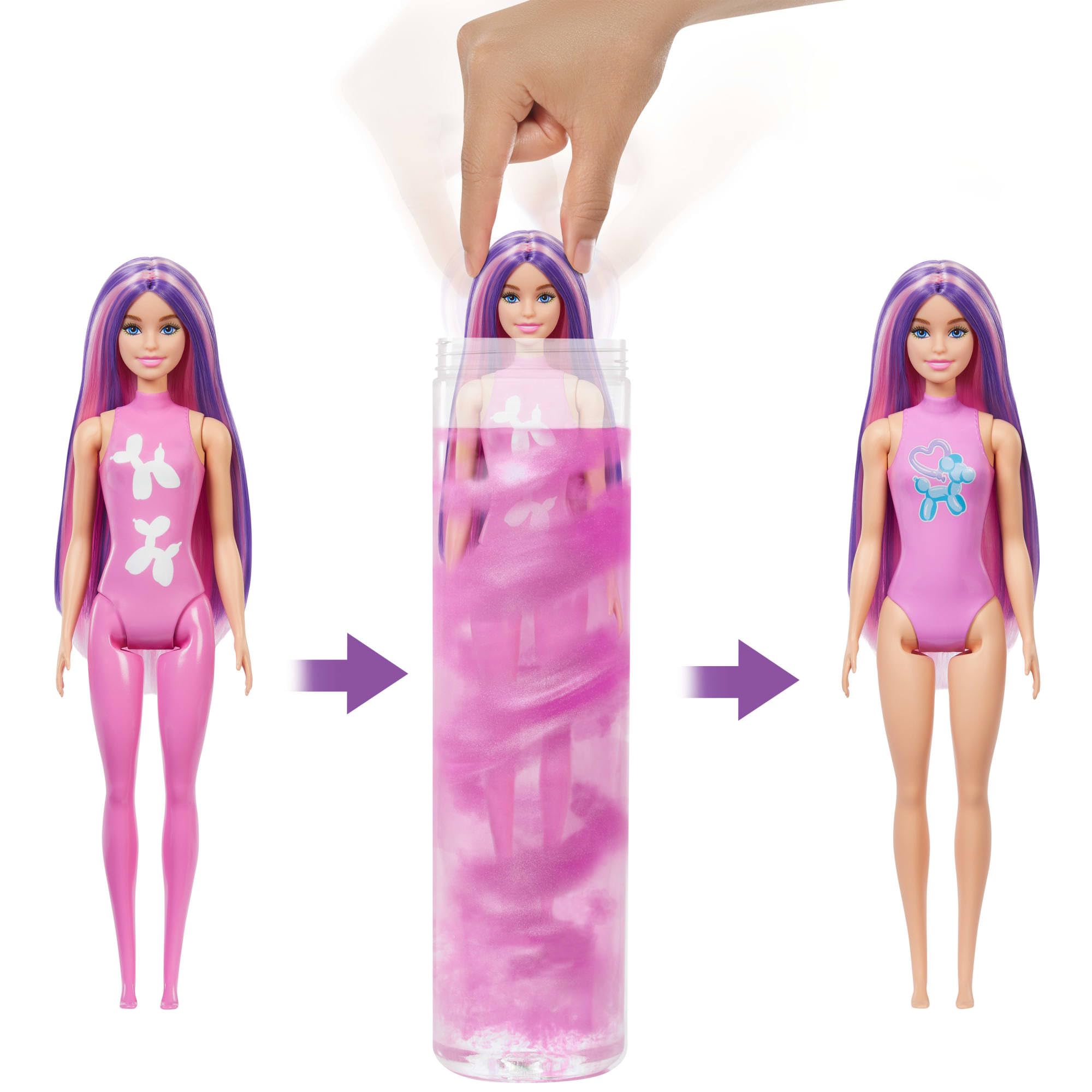 Barbie - Color Reveal Serie Baloon Animals, Bambola Effetto Cambia Colore, con 6 Accessori a sopresa e Un Mini Palloncino a Forma di Animale Inclusi, Giocattolo per Bambini, 3+ Anni, JFV58