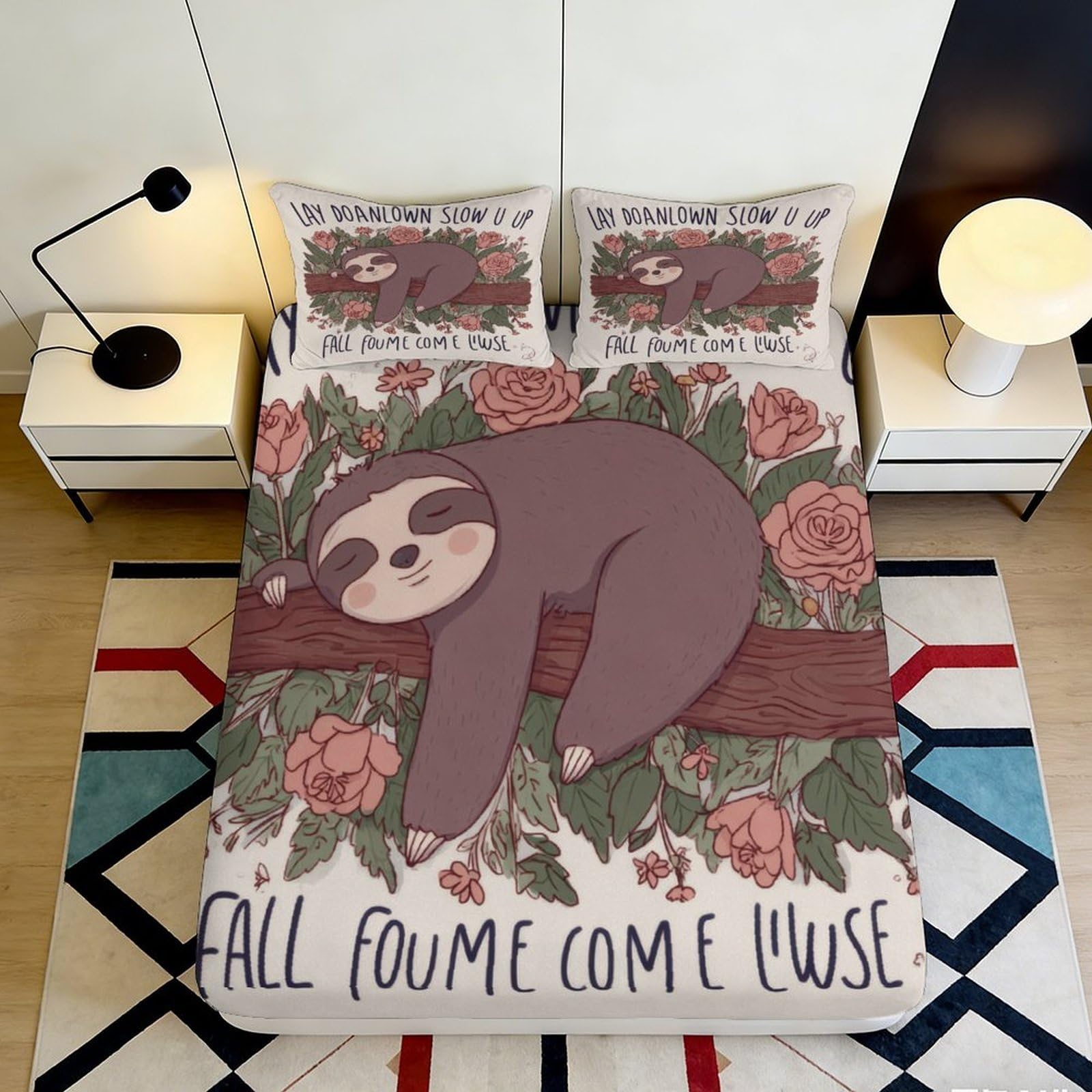 3D Printed Sloth Floral Fitted Sheet Microfiber Non Slip Mattress Cover for Bedroom Dorm Easy Care 200x200x25cm