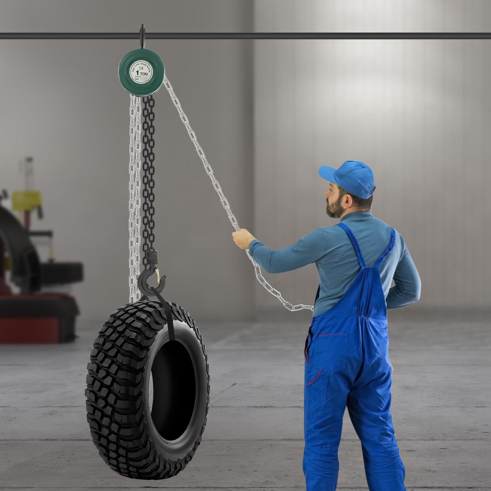 Paranco a catena manuale 1 tonnellata con portata di 1000 kg e lunghezza della catena di 3 m, con gancio girevole a 360°, paranco manuale a catena per cuscinetti, edifici (verde)