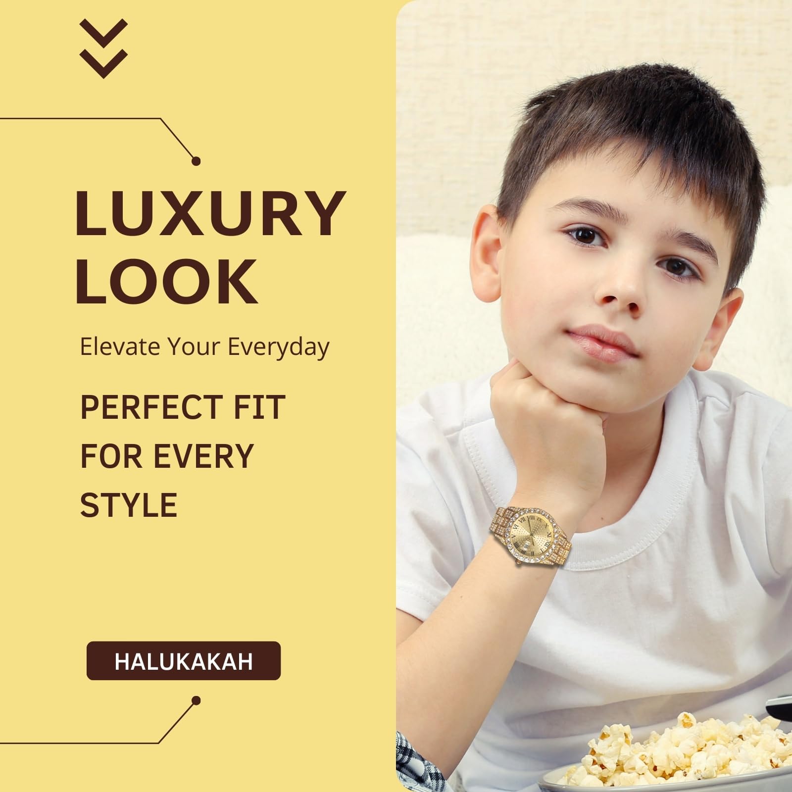 HALUKAKAH Reloj de Oro con Diamantes para Niños,Adolescentes,Chicos - Chapado en Oro 18K/Platino,Esfera Redonda 42mm,Cuarzo Japonés - Longitud 20cm,con Herramienta de Ajuste - para Cumpleaños,Fiestas