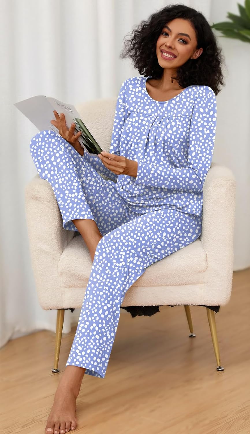 Women's Pajama Set 2 Piece Lounge Outfits Soft Sleepwear Fall Long Sleeve Long Pant With Pockets Ladies Pjs 2XL, Speckled Blue - Image 3