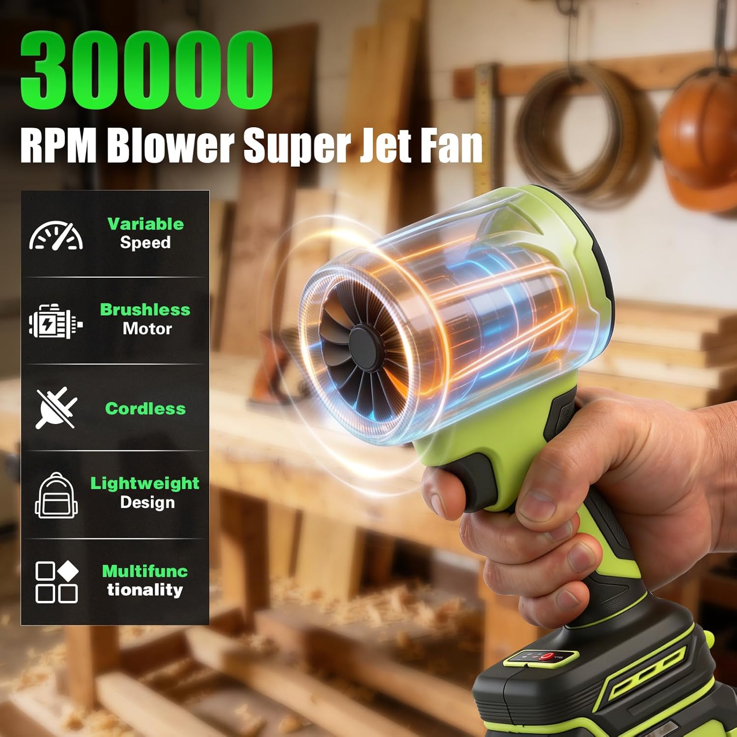 Electric Cordless Leaf Blower with Battery and Charger, Mini Jet Dry Fan, Snow Blower, Ultra Lightweight Handheld Blower for Patio, Garden, Lawn Care, Garage, Car Blowing Water with Extended Nozzle