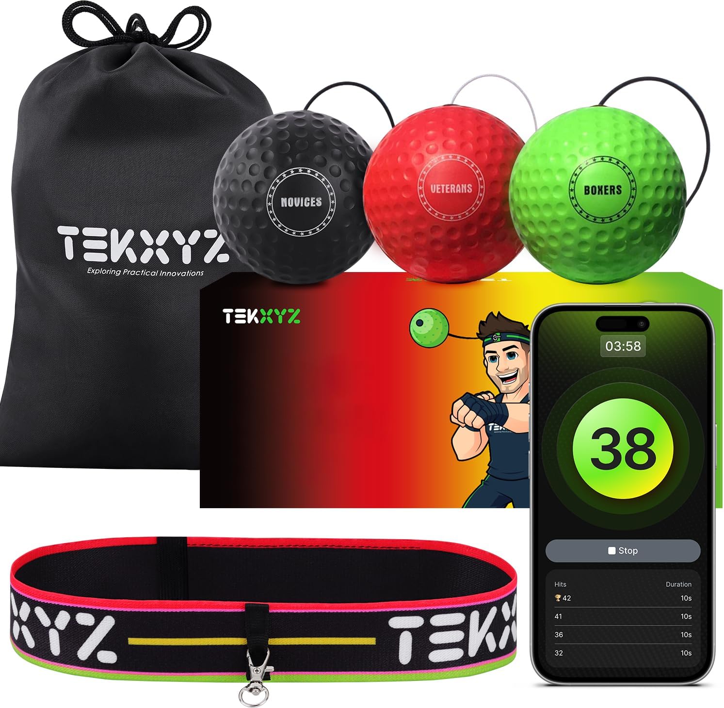 TEKXYZ® Reflex Ball with Counter App | Online Community for Boxing Ball, Perfect for Reaction, Agility, Punching Speed, Fight Skill and Hand Eye Coordination | Stocking Stuffer Gift for All Ages