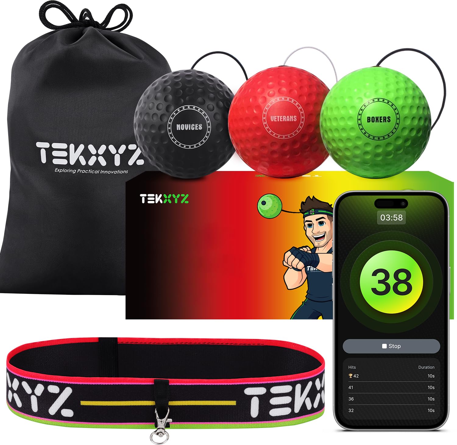 TEKXYZ® Reflex Ball with Counter App | Online Community for Boxing Ball, Perfect for Reaction, Agility, Punching Speed, Fight Skill and Hand Eye Coordination | Stocking Stuffer Gift for All Ages