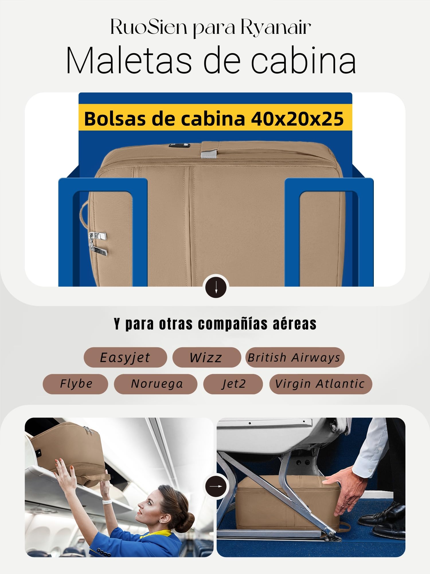 RuoSien per Zaino Ryanair 40x20x25, Zaino Bagaglio a Mano 40x20x25 per Ryanair,zaino da viaggio aereo bagaglio a mano zaino aereo per Ryanair e Altri Aerei Con Tasca Antifurto (Cachi)