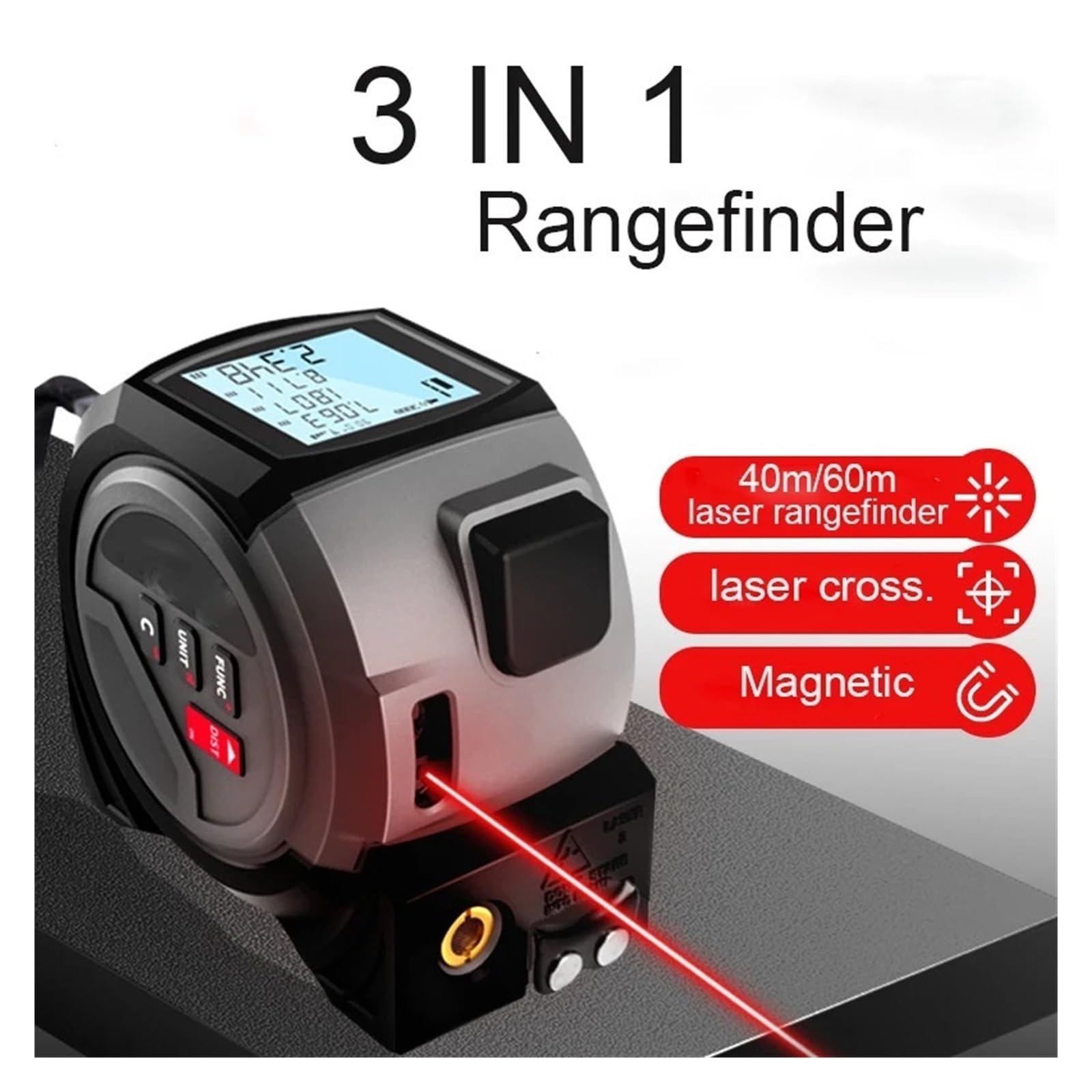 Cinta Métrica Digital 3 En 1, Telémetro Infrarrojo De Alta Precisión 40/60 M, Herramienta Medición Acero con Pantalla Grande Precisión Flexibilidad Medición