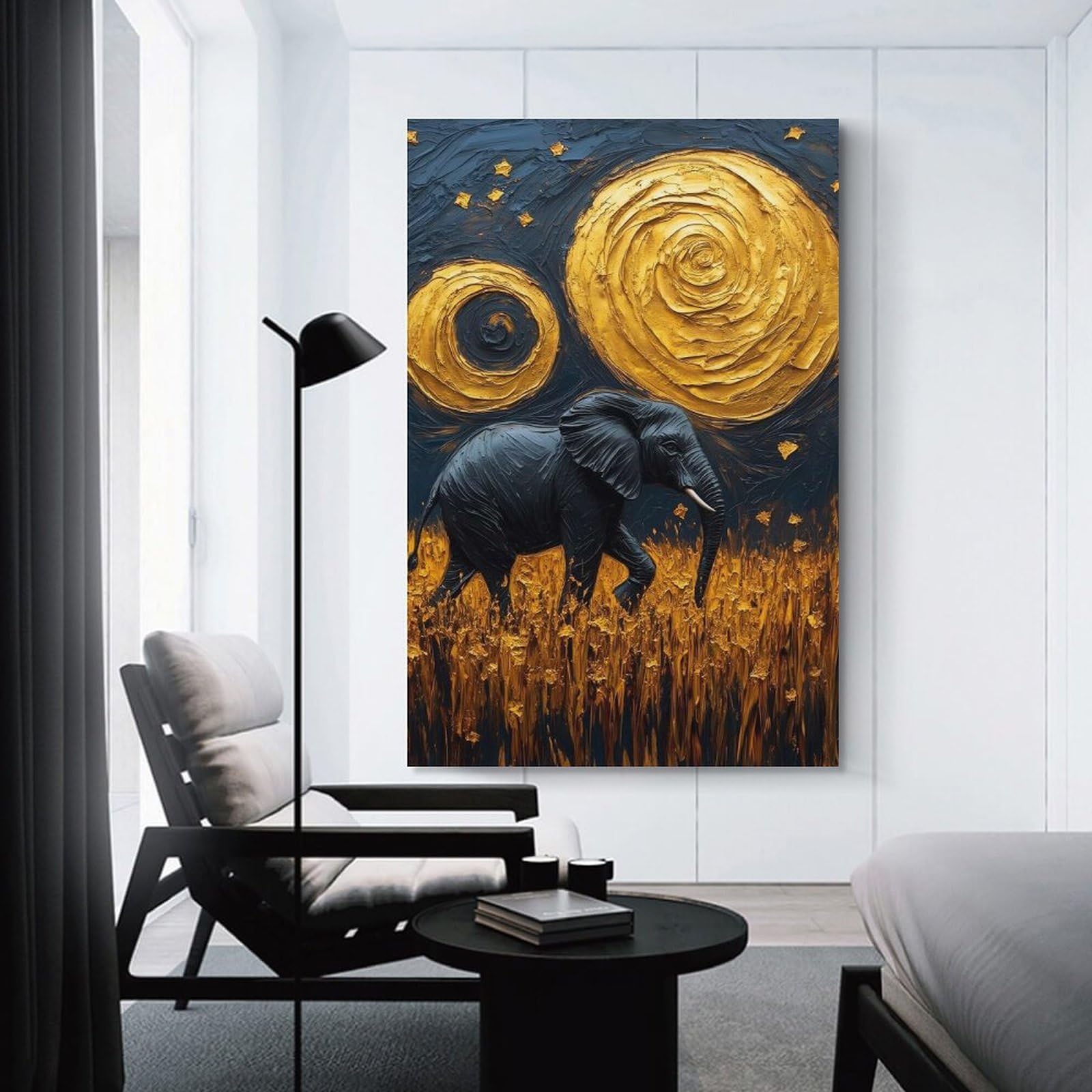 Junmoney Unframe-Style-1 Canvas Art Print Elephant Under Swirling Golden Sky Painting, 16X24inch(40X60cm), For Office, Study Or Home Workspace, Home Office Artwork With Decorative Appeal