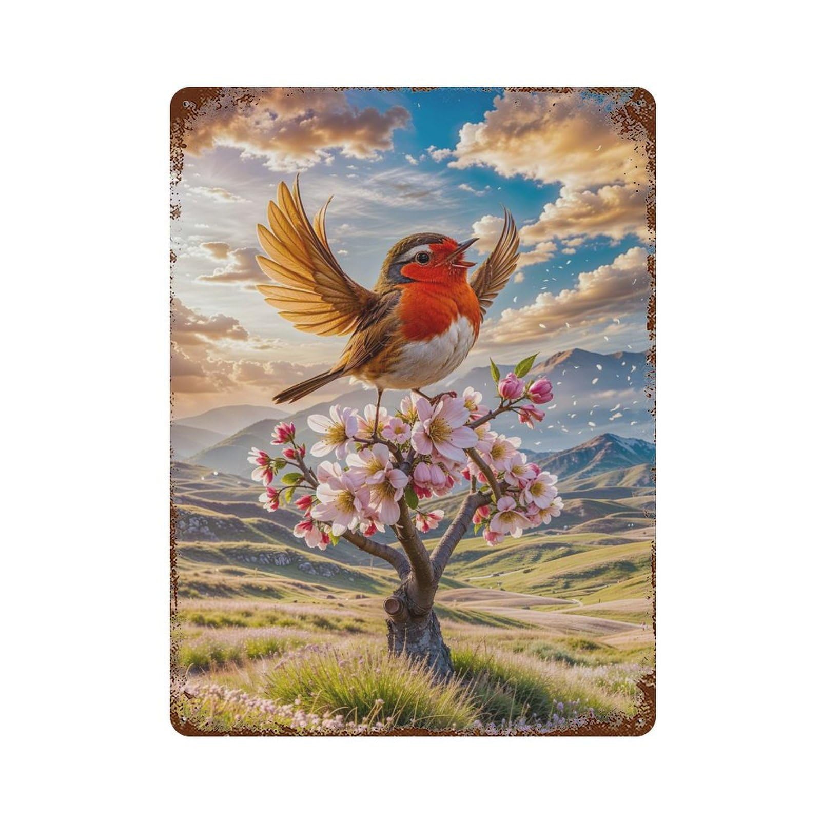 Robin Singing in Spring Weathered Tin Sign 15.7"x11.8", Ideal for Basement, Hobby Room And Garage Decor
