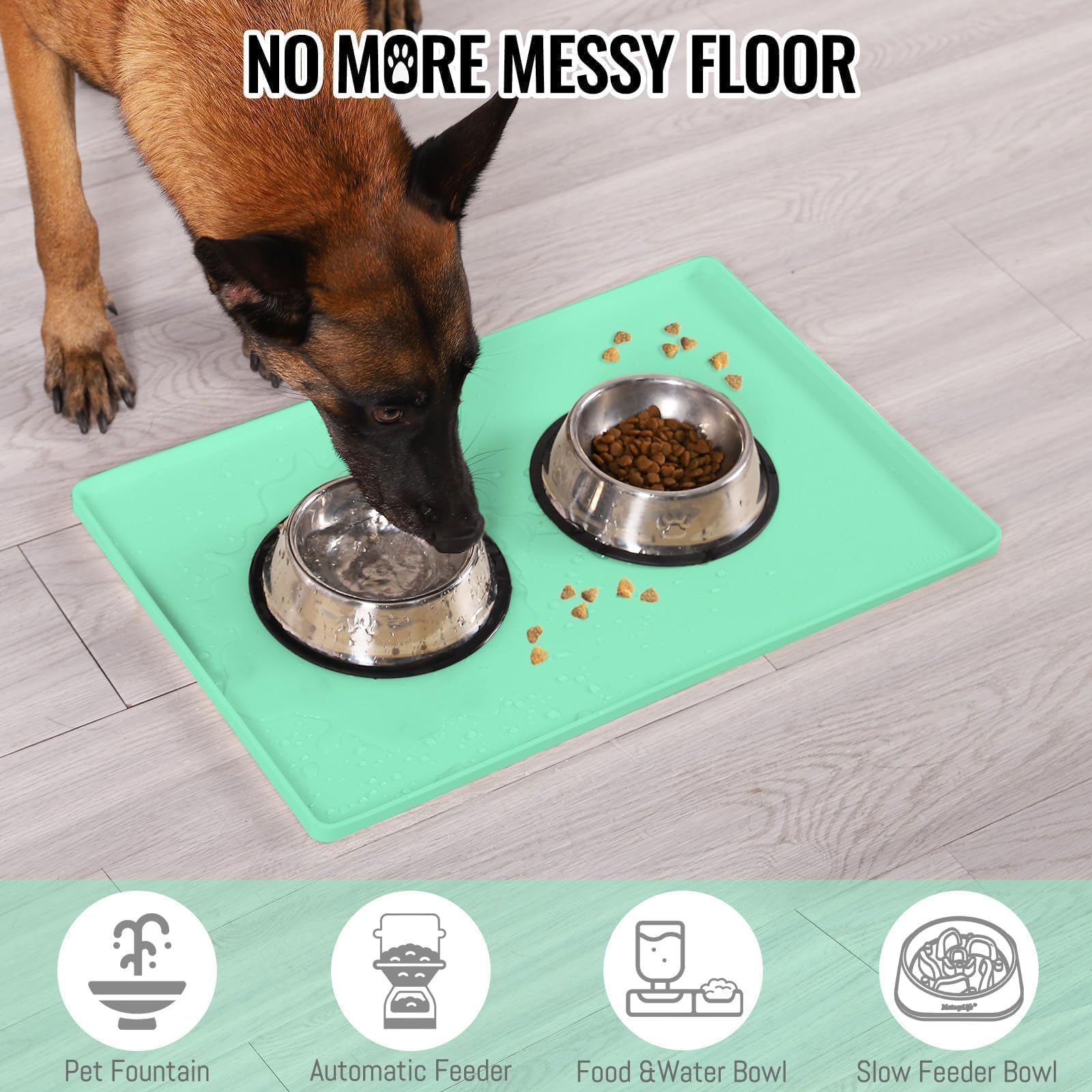 MateeyLife Tapis de nourriture pour chien et chat - Imperméable, antidérapant, bords surélevés - Plateau en silicone pour abreuvoirs désordonnés - 61 x 40,6 cm - Vert menthe