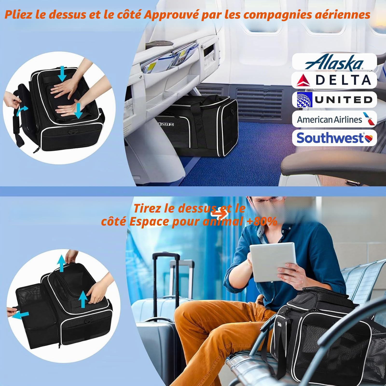 Petskd Sac de Transport Extensible pour Chats et Chiens, 43,2 x 27,9 x 24,1 cm, approuvé par Les compagnies aériennes, côtés Souples, Fermeture éclair verrouillable et Maille Anti-Rayures, Bleu