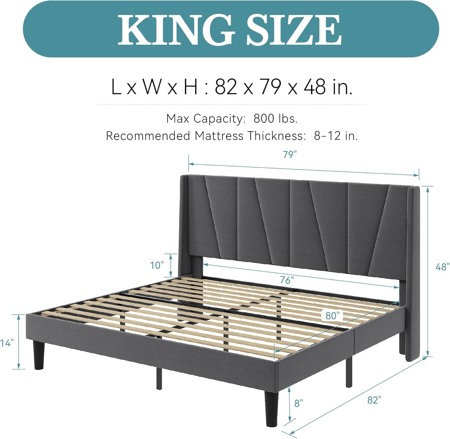 King Size Bed Frame dimensions diagram: 82L x 79W x 48H inches, Max Capacity 800 lbs, Recommended Mattress Thickness 8-12 inches