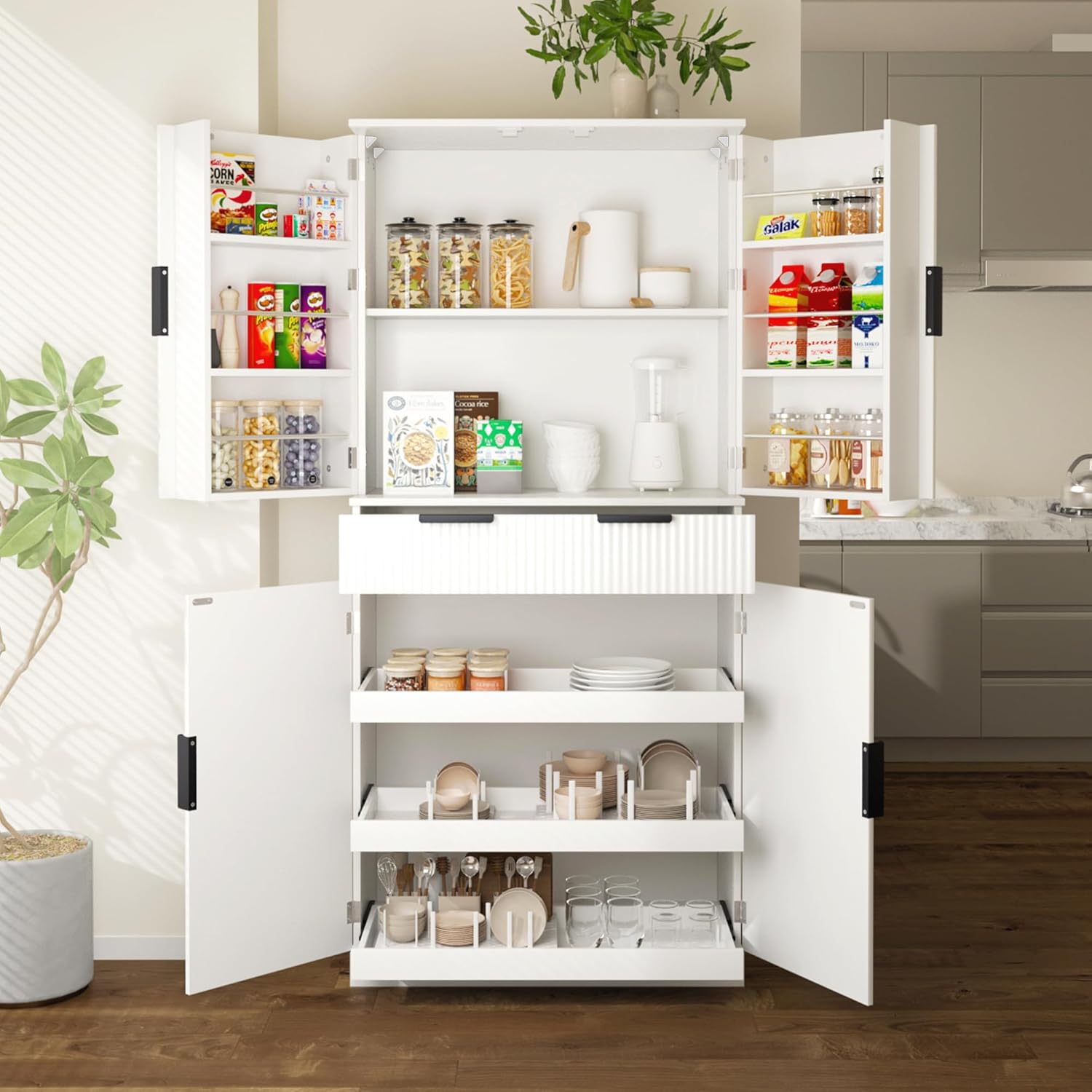 RiteSune 72" Tall Kitchen Pantry Storage Cabinet with 3 Keyboard Drawers & 6 Adjustable Shelves (White)