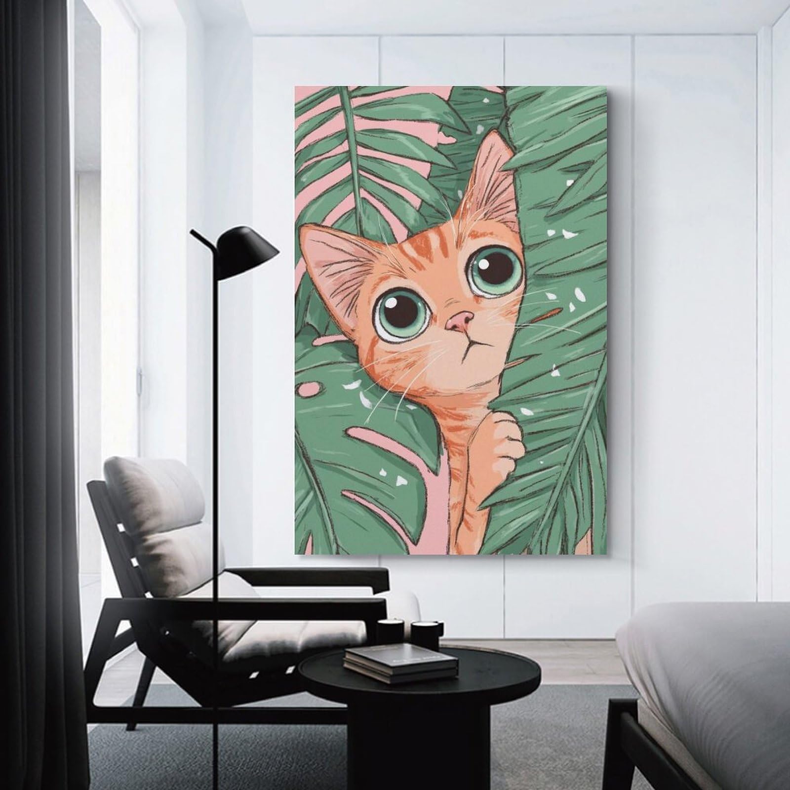 Junmoney Cute Cat Peeking Through Tropical Leaves Wall Art Print, 16x24inch(40x60cm), for Study, Office Or Focused Interiors, Home Office Artwork with Decorative Appeal
