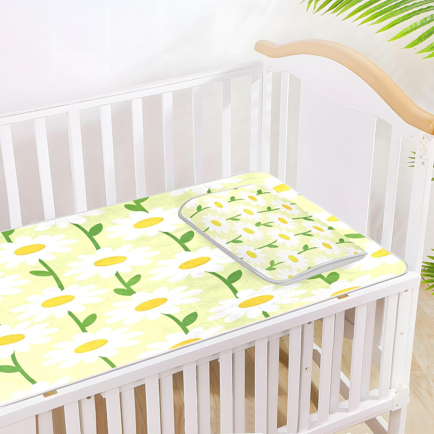 Cooling Baby Waterproof Crib Mattress Protector 28" x 52" Ultra Soft Spring White Daisy Green Pattern Bed Pads for Baby&Toddler