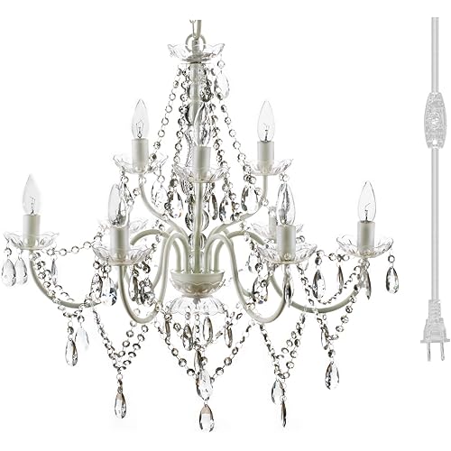 gypsy color The Original Plug-in 9 Light Crystal White Hanging Swag Chandelier H26”xW27”, White Metal Frame with Clear Glass Stem and Clear Acrylic Crystals & Beads That Sparkle Just Like Glass