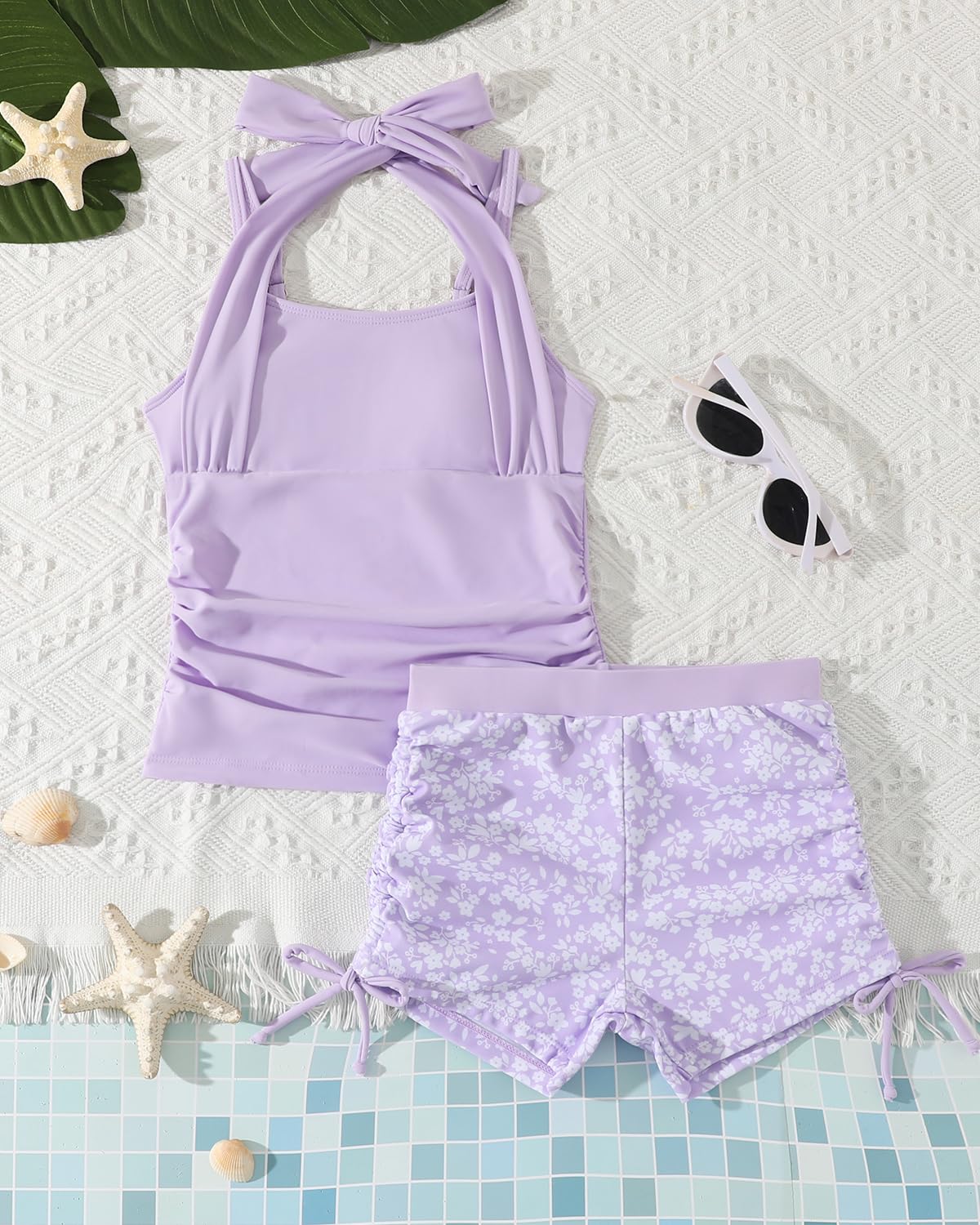 Costume da bagno da bambina con reggiseno imbottito, 7-15 anni, due pezzi con coulisse allacciato al collo, costume da bagno tankini con pantaloncini per bambini