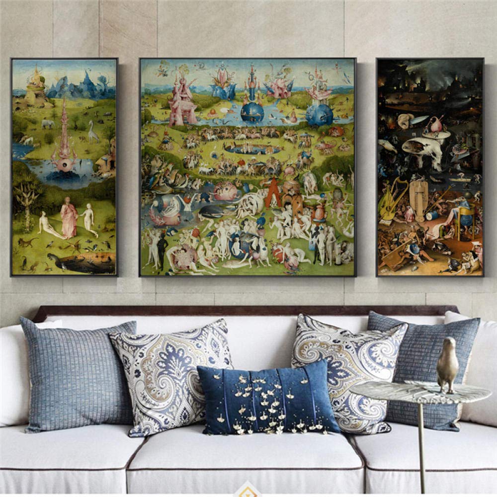 GDPOOTREE 3 Panels The Garden of Earthly Delights Canvas Paintings On The Wall Famous Art by Hieronymus Wall Art Pictures for Living Room-25x70cmx2_70x70cm_K319