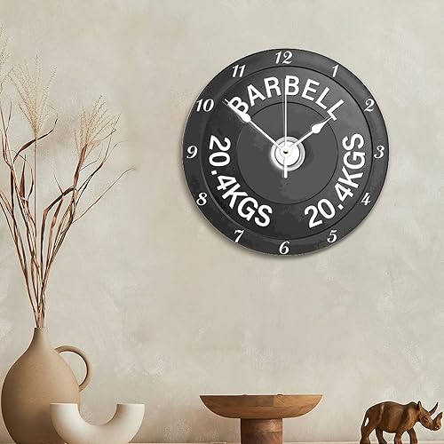 Miniatura 6 de ArogGeld Reloj de pared con placa de pesas para levantamiento de pesas, decoración de gimnasio de 10 pulgadas, funciona con pilas, silencioso, sin