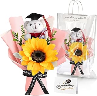 Giegxin 3 Pcs Graduation Bear Flower Bouquet Set, 2025 Small Plush Stuffed Bouquet with Bag and Gift Card Bear Doll Sunflower Artificial Floral for Grad Celebration Party Supplies (Pink)