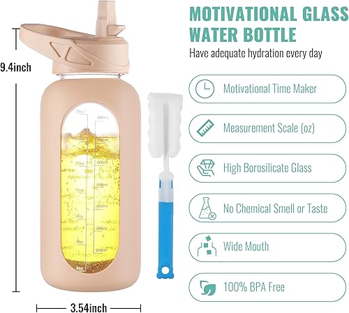 Miniatura 9 de CIVAGO Botella de agua de vidrio de 64 onzas con popote y asa, botella de agua motivacional deportiva de medio galón con marcador de tiempo y 2