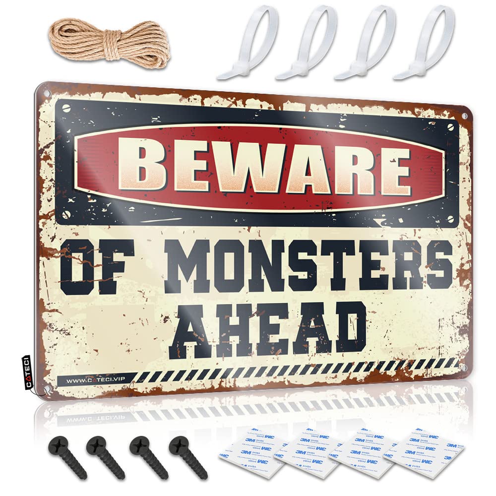 Fzfn Colour Inappropriate Decor Rustic Wall Poster, Spring Porch Decor Funny Quote Design For Camper Garage | Accessory Anti-Rust Metal Beware Of Monsters Ahead(20X30cm)