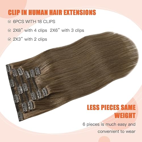Miniatura 2 de Extensiones de cabello humano real con pinzas, color castaño ceniza, 2.47 onzas, extensiones de cabello humano Remy con clip, 15 pulgadas, suaves y