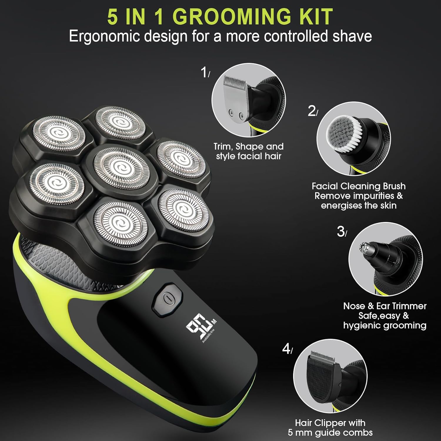 Magnetic 7D Head Shavers for Bald Men, Telfun Waterproof Hypoallergenic Electric Head & Body Shaver, Wet/Dry Shaving, Type-C Fast Charging, LED Display, Rechargeable Razor for Men & Women, Ideal Gift - Image 5