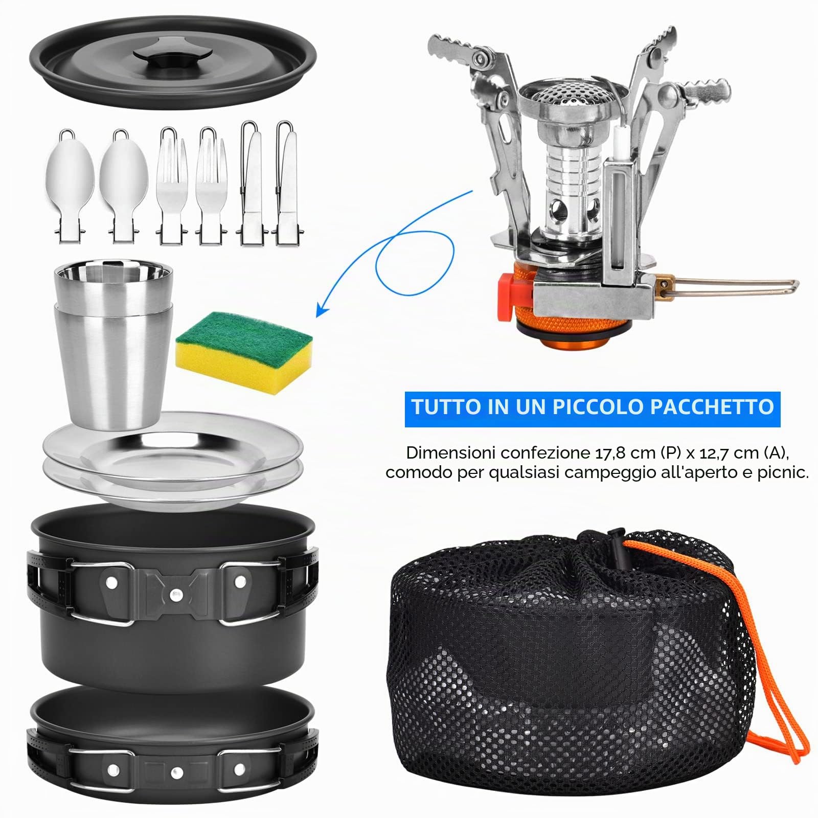 Queta Set di pentole da campeggio, 17 pezzi, per 2-3 persone, per campeggio, escursioni, picnic, barbecue, certificato Fda