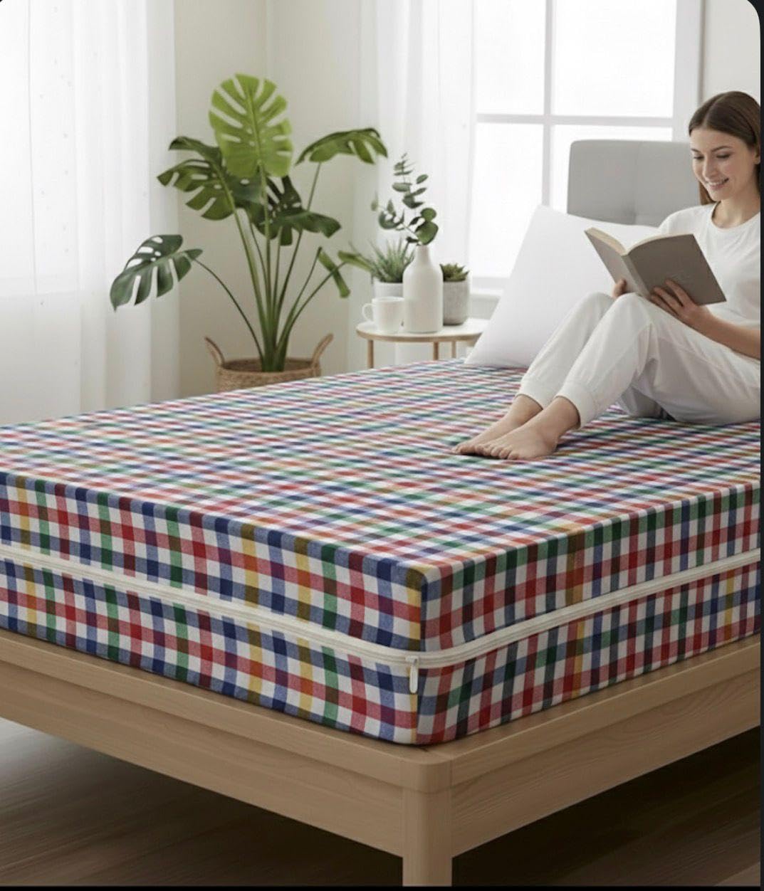 Kiara Furnishing Bed Cover,Mattress Cover, Cotton Mattress Protector Bed Covers with Zip/Chain - Cotton King Size Red Line -(78 * 72 * 8 Inches) 6.5 * 6 feet