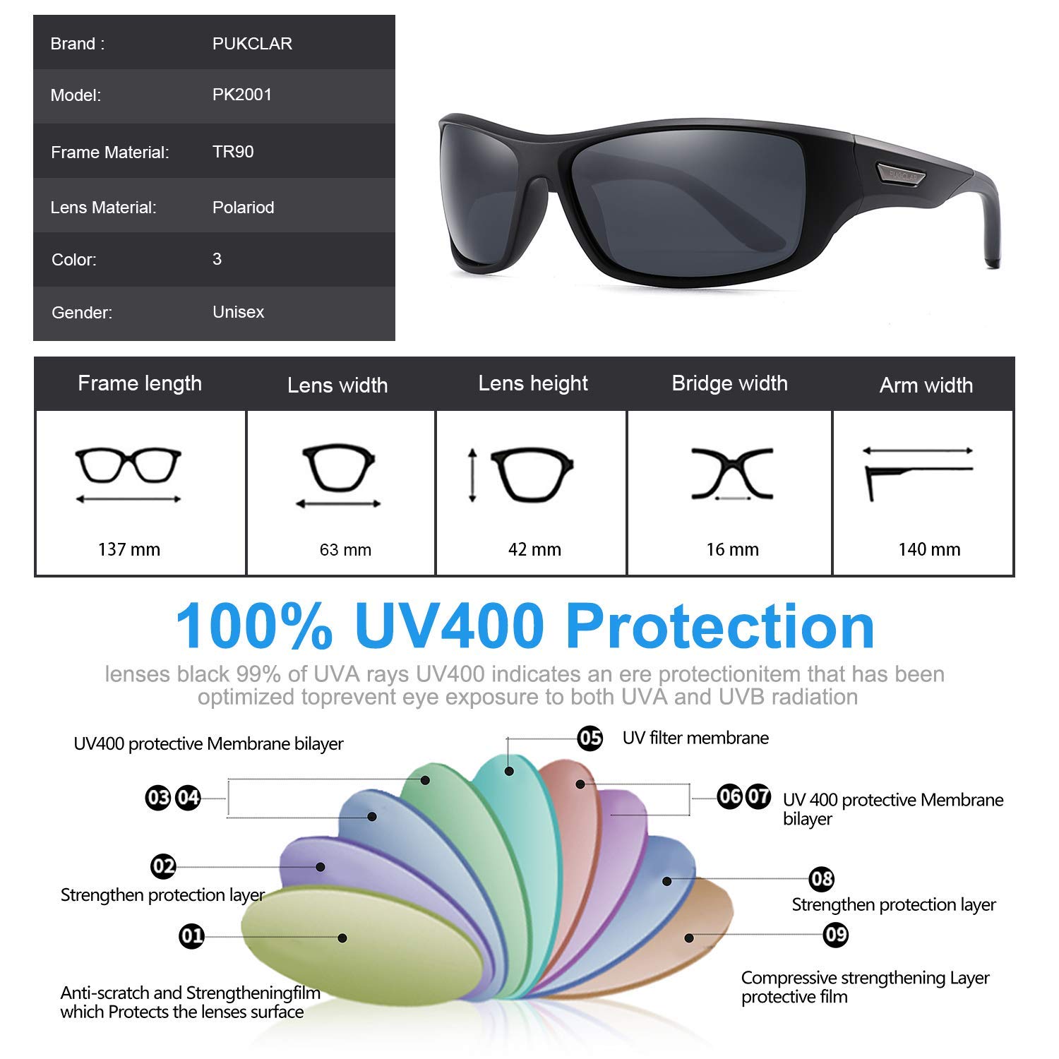 PUKCLAR Gafas de Sol Hombre Polarizadas con Protección UV400 y Montura TR90 Ultraligera que ofrecen una Visión HD Antirreflejos para Conducir Ciclismo y Aire Libre