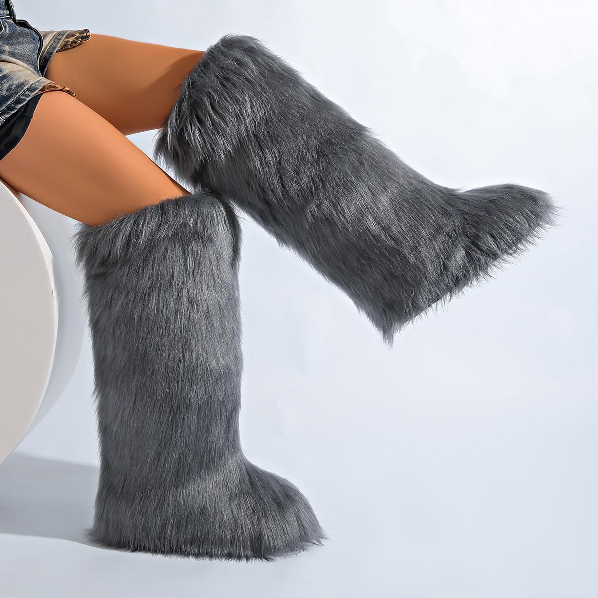Women’s Faux Fur Knee High Winter Boots Warm Fuzzy Fluffy Wide Calf Snow Boots Soft Comfortable Tall Fashion Shoes