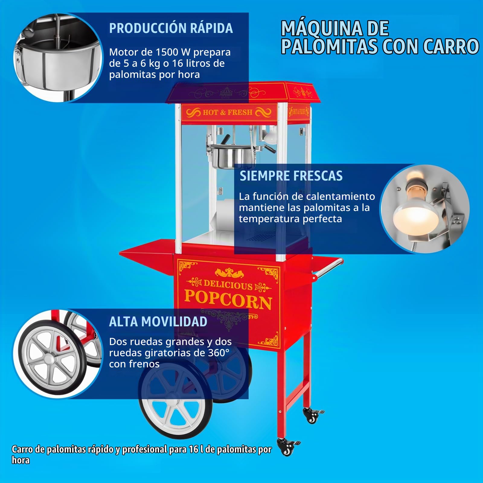 Royal Catering Palomitera roja con diseño americano y carrito 1500 W