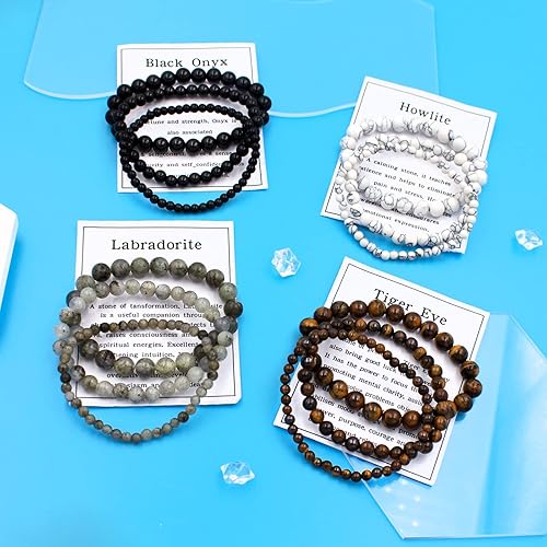 Miniatura 5 de Ronglry 3 pulseras de piedra natural para mujeres y hombres, pulseras de cuentas de cristal curativo, amatista espiritual, cuarzo rosa, chakras,