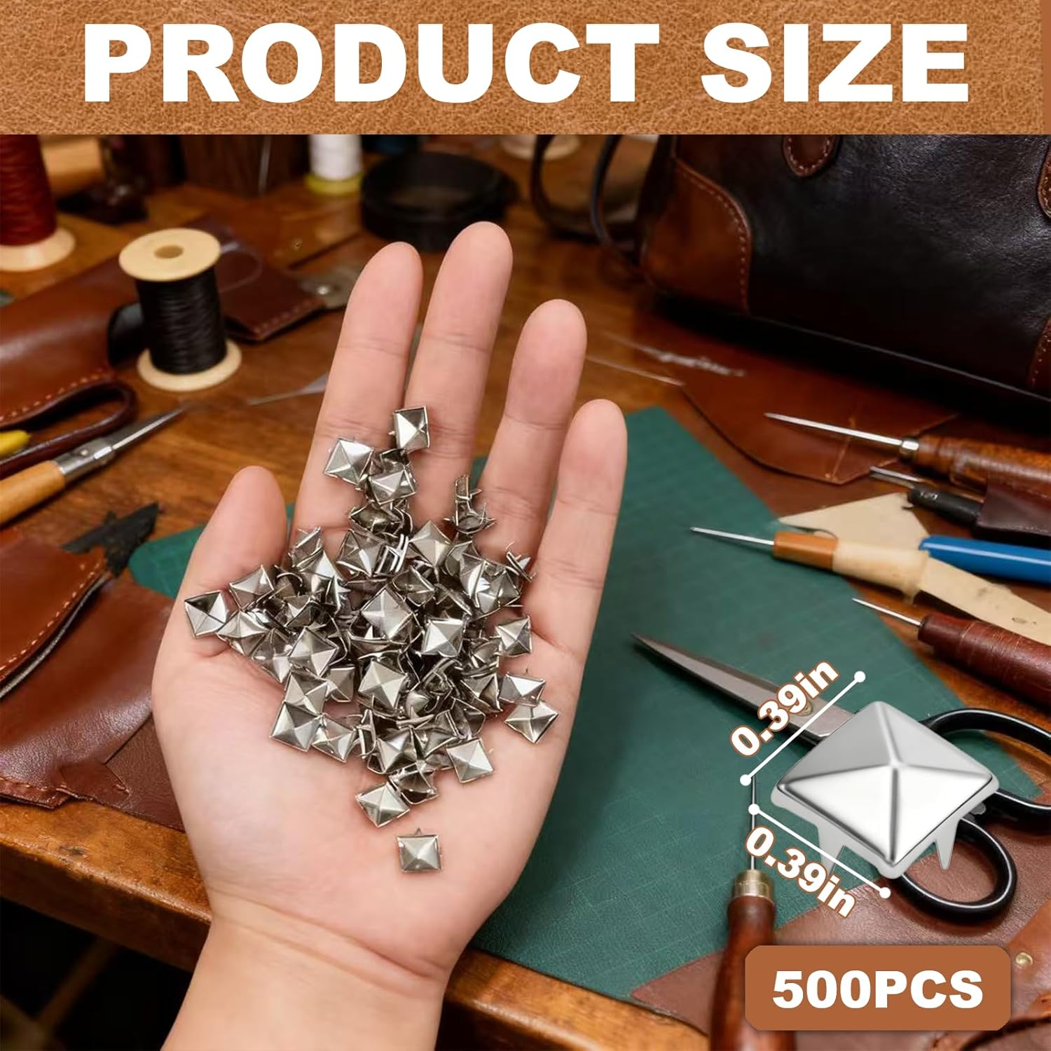 XIAEQOH 500PCS 10mm 4-Prong Square Spikes, Silver Metal Pyramid Studs for Crafts, Punk Style Rivets for Clothing Decoration, Leather Jacket, Bag, Dog Collar, Durable & Easy to Install