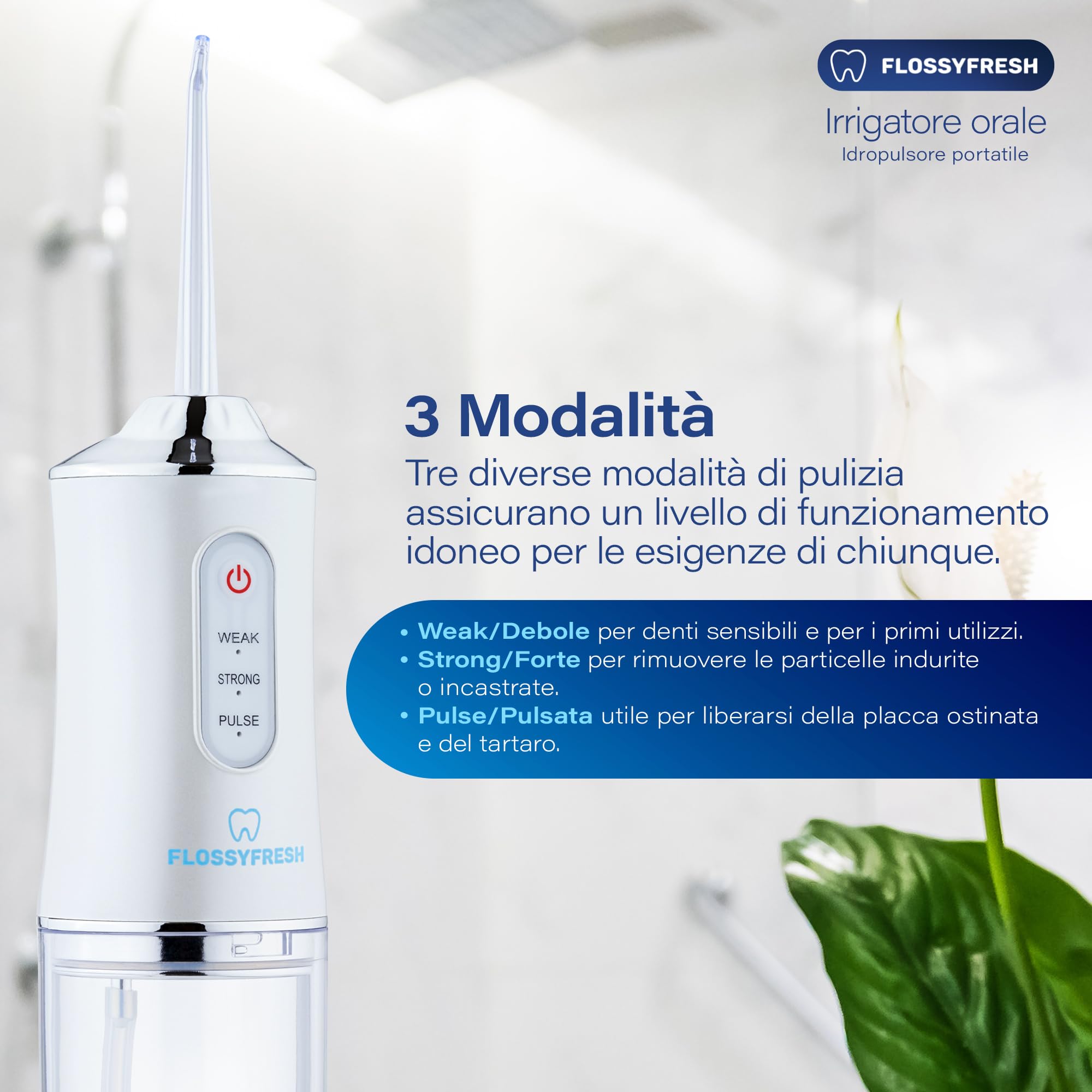 Idropulsore Dentale, Irrigatore Orale, Senza Filo, Rimuove la Placca, Pulizia Dentale a 360°, 3 Modalità di Funzionamento, 4 Ugelli Intercambiabili, Ricarica USB, da Viaggio