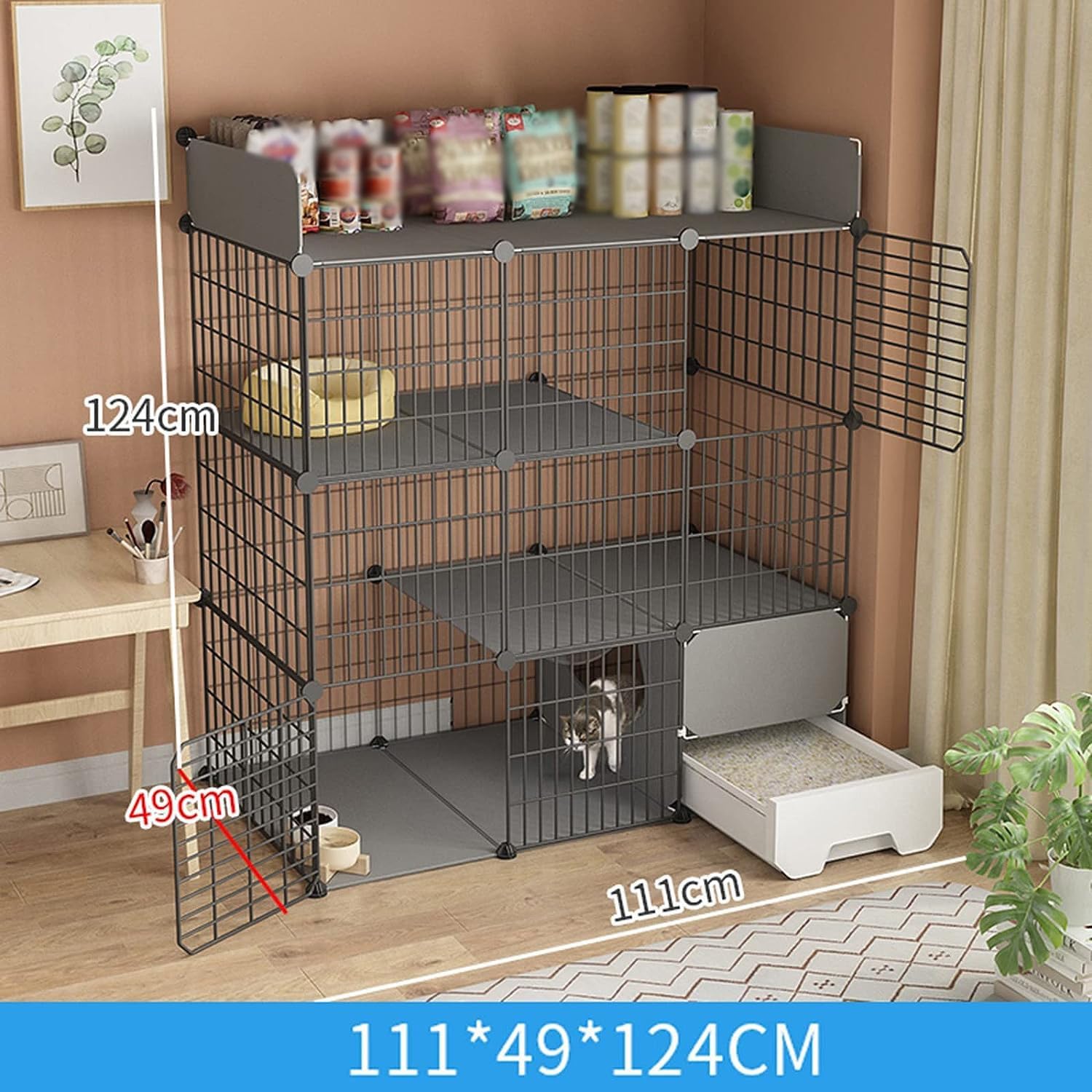 Collapsible Indoor Cat Cage with Litter Box, 2-Tier Large Pet Playpen for Kittens - DIY Cat Exercise & Comfort, Portable Cat Enclosure for Safe Play