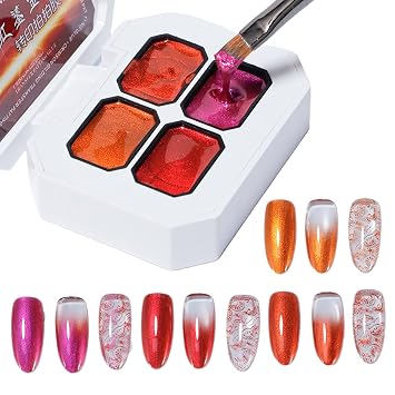 4 Colors Glitter Gel Nail Polish Set, Metallic Painting & Patting Gel Transfer Stamping Gel for Stamping, Painting & Gradient Nails, Orange Red, Orange, Rose Red, Red Gel Polish Kit for Nail Art