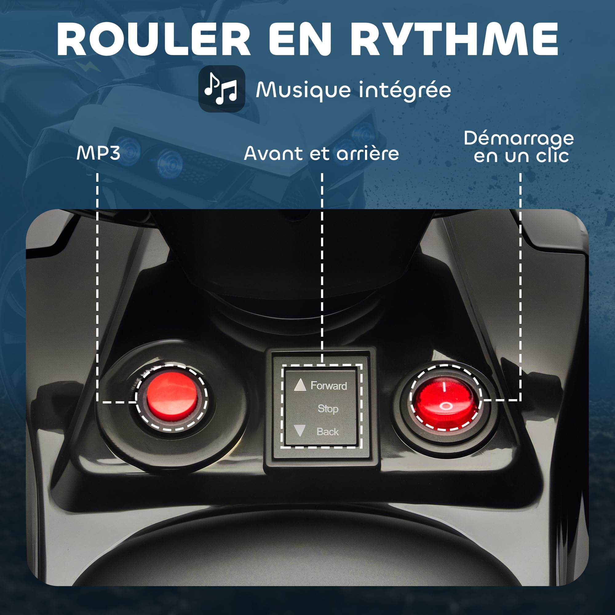 AIYAPLAY Quad Électrique Enfant 6V, Voiture Électrique ATV, Musique LED, Vitesse 1,5-3 km/h, 4 Roues, Marche Avant/Arrière, Blanc