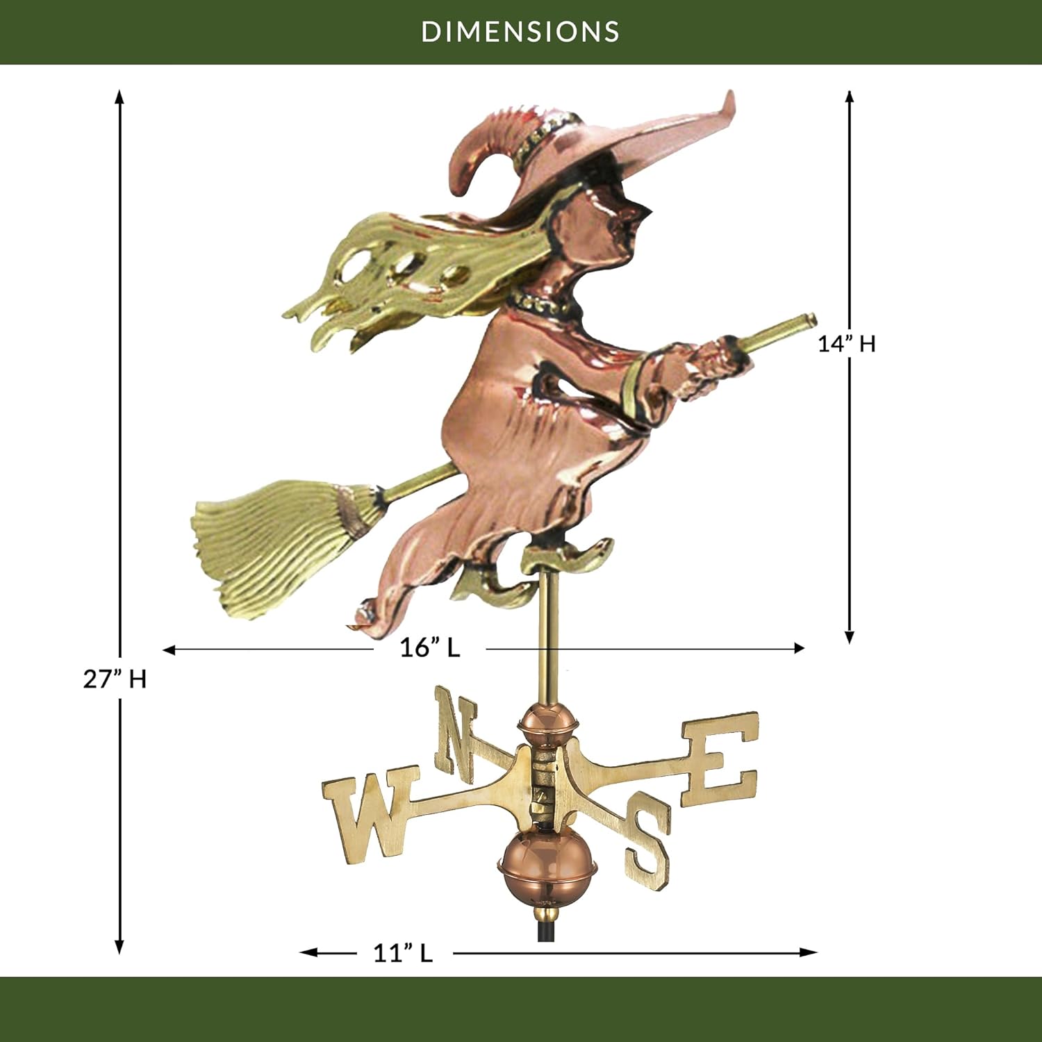 Good Directions Witch Weathervane with Roof Mount, Pure Copper