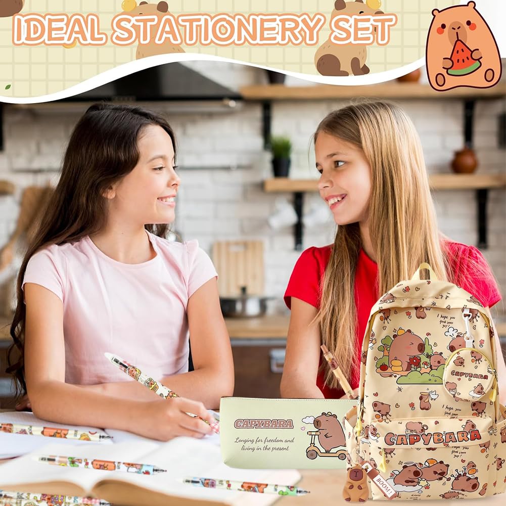 Capybara Bambini Zaino Schoolbag Grande Capacità Kawaii Astuccio Scuola Capibara Trousse Pencil Case Portapenne Animali Portachiavi 4 Penne Cancellabili Capybara Regalo Set (Giallo)