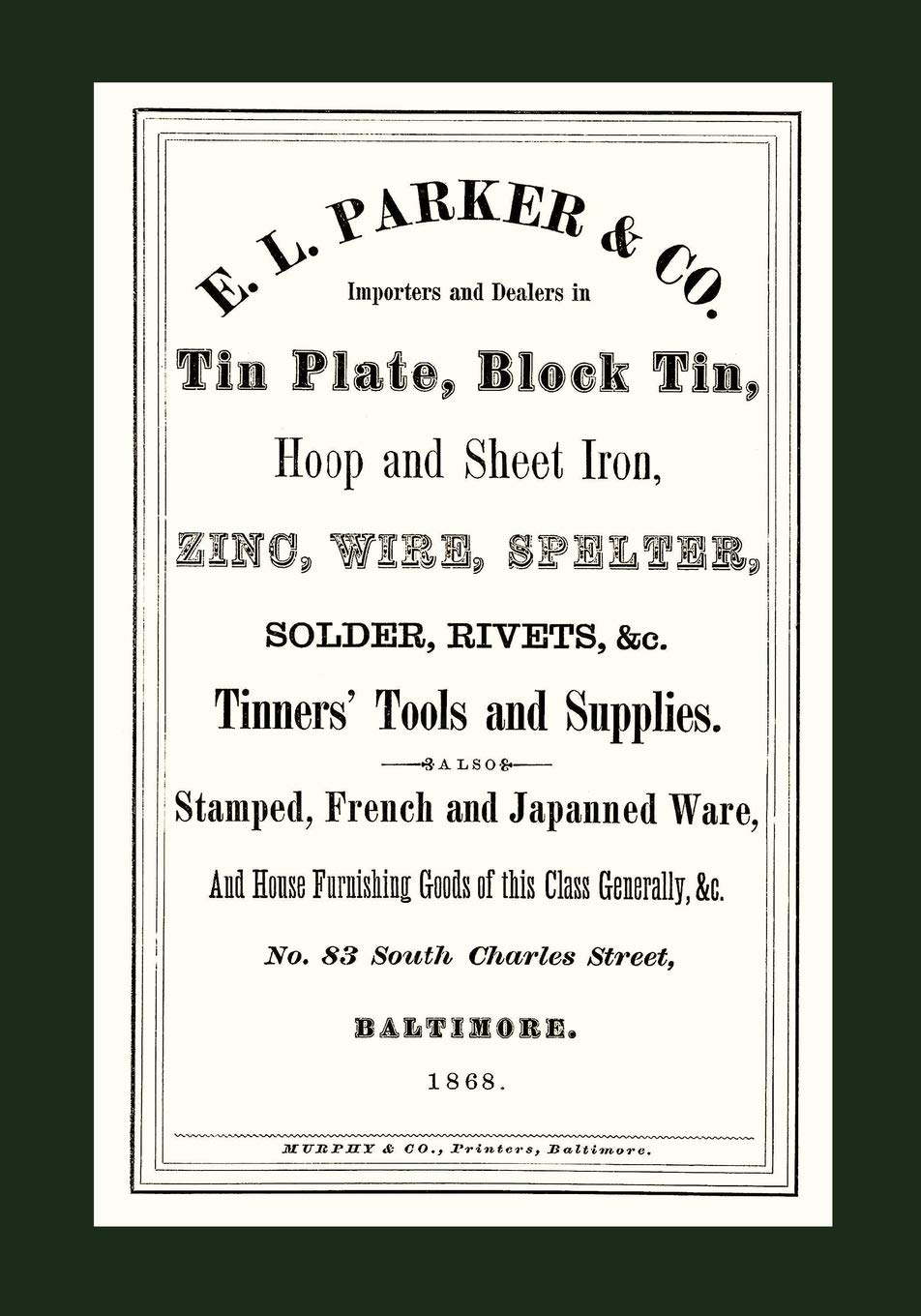 E. L. Parker & Co. Tinners' Tools & Supplies, Balt