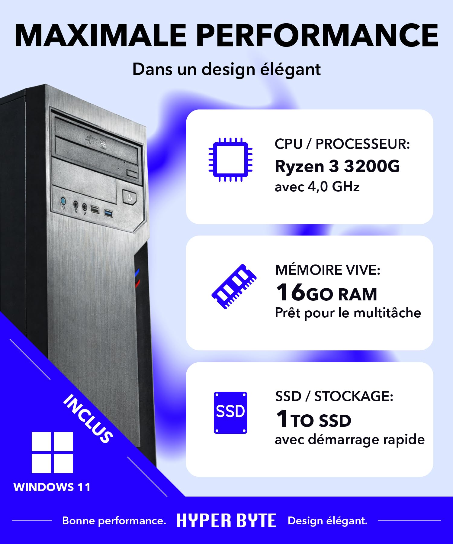 HYPER BYTE® PC de Bureau - Ordinateur avec AMD Ryzen 3 de 4,0 GHz | 16 Go de RAM DDR4 | Disque Dur SSD 1 to | Win 11 Pro | Wi-FI | DVD+RW | USB 3.0 | Tour de Bureau Haut de Gamme